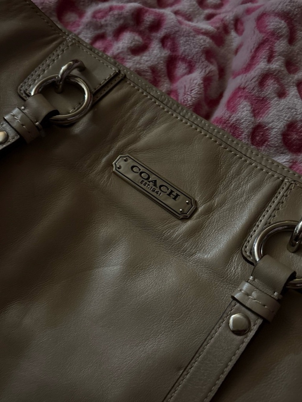 Coach Leather Shoulder Bag in Taupe Gray with Silver Hardware